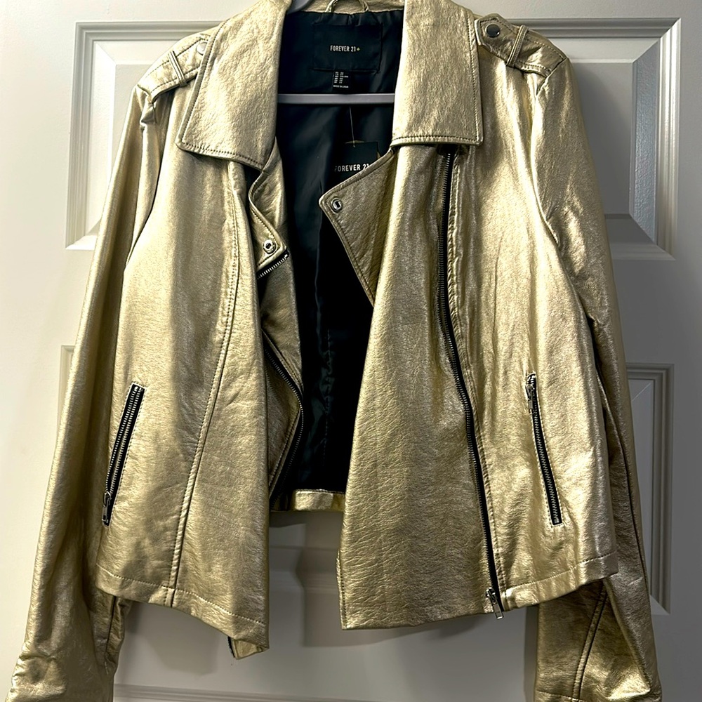 F21 Metallic Faux Leather Moto Jacket